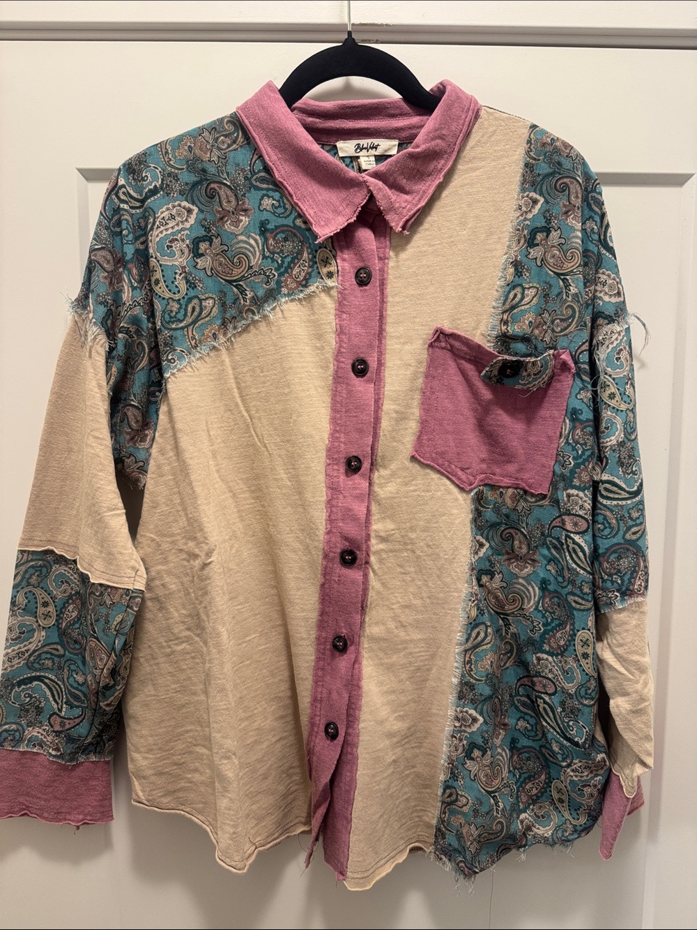 🆕 Blue Velvet Patchwork Paisley Button-Down Shirt - Pink, Teal & Cream. S. NWT!🔥